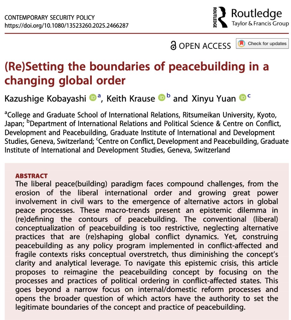 CSP Journal (@csp_journal) on Twitter photo 🚨new publication online
In this article Kazushige Kobayashi, <a href="/KeithKrauseCCDP/">Keith Krause</a> & Xinyu Yuan argue for a new concept of peacebuilding given the crisis of the liberal paradigm
Read the full article open access 👉tandfonline.com/doi/full/10.10… 🚨new publication online
In this article Kazushige Kobayashi, <a href="/KeithKrauseCCDP/">Keith Krause</a> & Xinyu Yuan argue for a new concept of peacebuilding given the crisis of the liberal paradigm
Read the full article open access 👉tandfonline.com/doi/full/10.10…