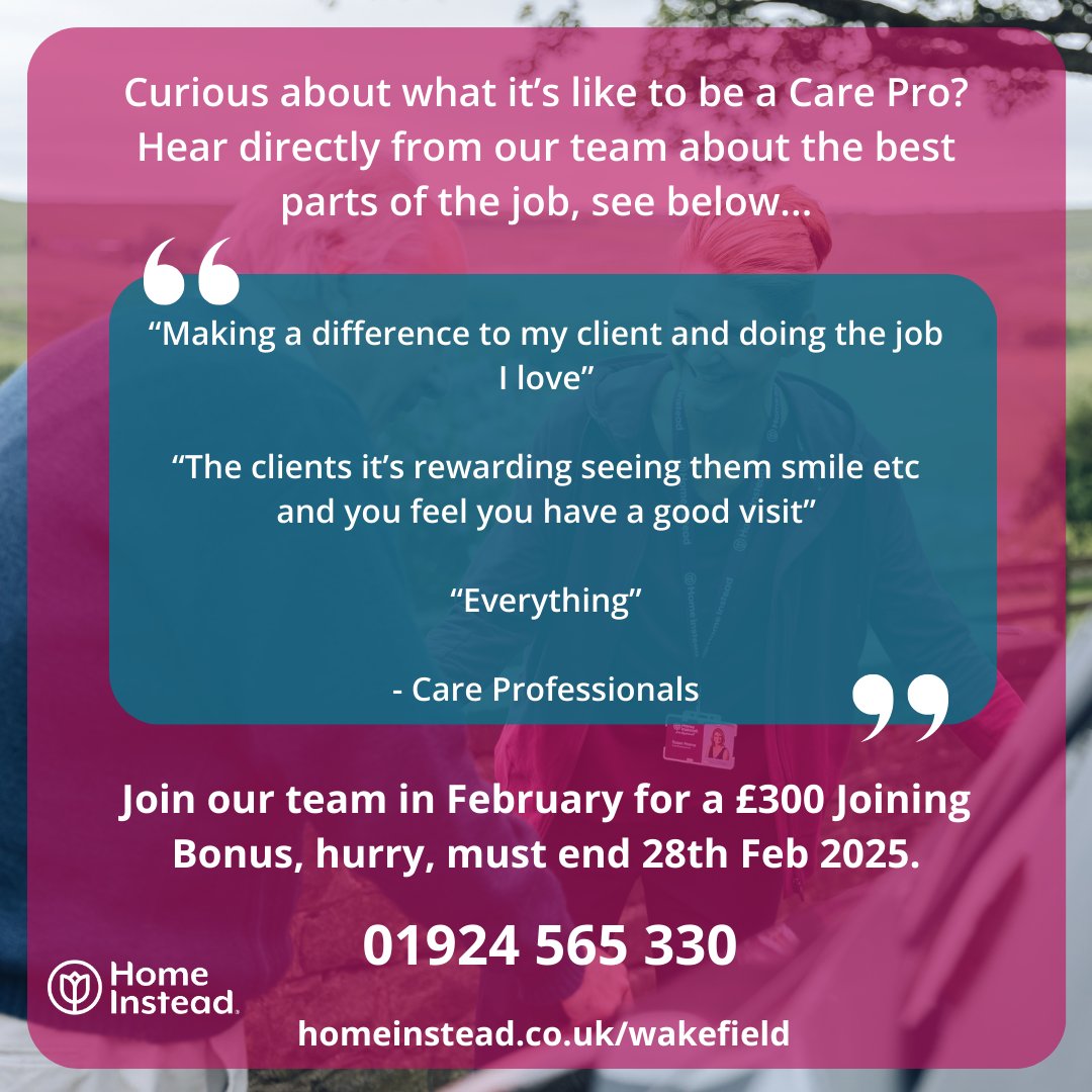 HI_Wakefield's tweet photo. ๐ก Become a Care Professional with Home Instead Wakefield and enjoy:
โ๏ธ ยฃ12-ยฃ13/hour
โ๏ธ Career progression
โ๏ธ 30p mileage allowance
AND a ยฃ300 Joining Bonus in February! ๐ Call ๐ 01924 565 330 now to apply. This offer ends 28th Feb 2025โdonโt wait! #HomeInstead #HiringNow https://t.co/mHFvCoHH6Z