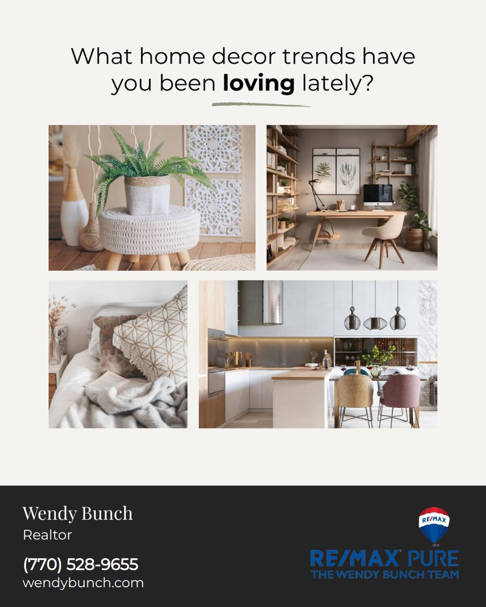 WendyBunch's tweet image. Do you keep up with home decor trends? If so, have any styles or trends caught your eye recently? Share your top home decor obsessions in the comments below! ⬇️

#decortrends #wendybunch #wendybunchteam #remaxpure #remaxhustle #purepride #topagents #TopRealestateTeam #sellshomes