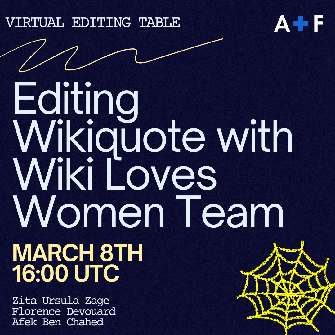 Celebrate International Women’s Day with us!

Join us for our next Virtual Editing Table, where we’ll work with @Wikiloveswomen to improve gender representation on Wikiquote.

March 8, 2024 | 16:00 UTC | Session in English

Register now: bit.ly/4gZPhjy