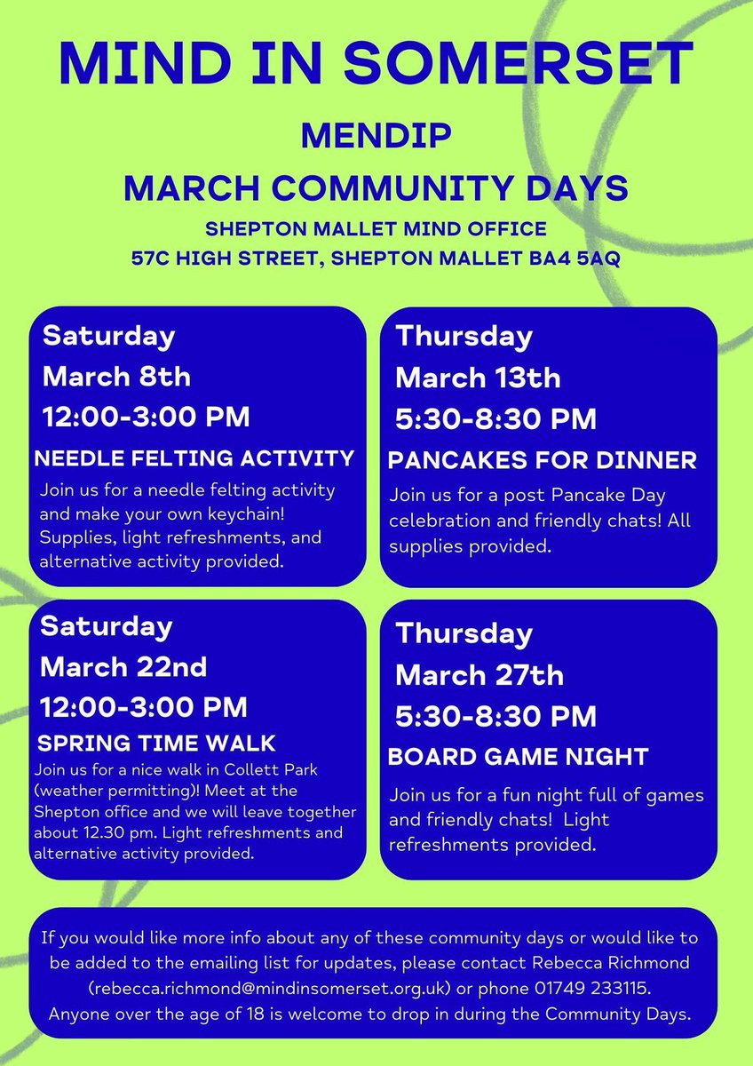 Looking for fun, friendly, and welcoming events this March? Join Mind in Somerset at their upcoming Mendip Community Days at the Shepton Mallet Mind Office, see the poster for more details.

The events are open to anyone over 18.
#mendip #mentalhealth #communitydays