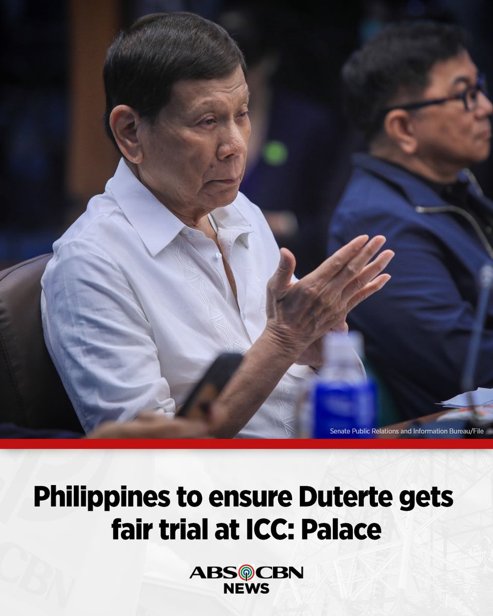 ABSCBNNews's tweet photo. While the government no longer had responsibility for ex-President Rodrigo Duterte after the transfer of his custody to the ICC, the government is mandated to ensure he gets a fair trial in international court, the Palace said. 

Read: https://t.co/WlIqyJ7HMg https://t.co/pcviBtMOvh
