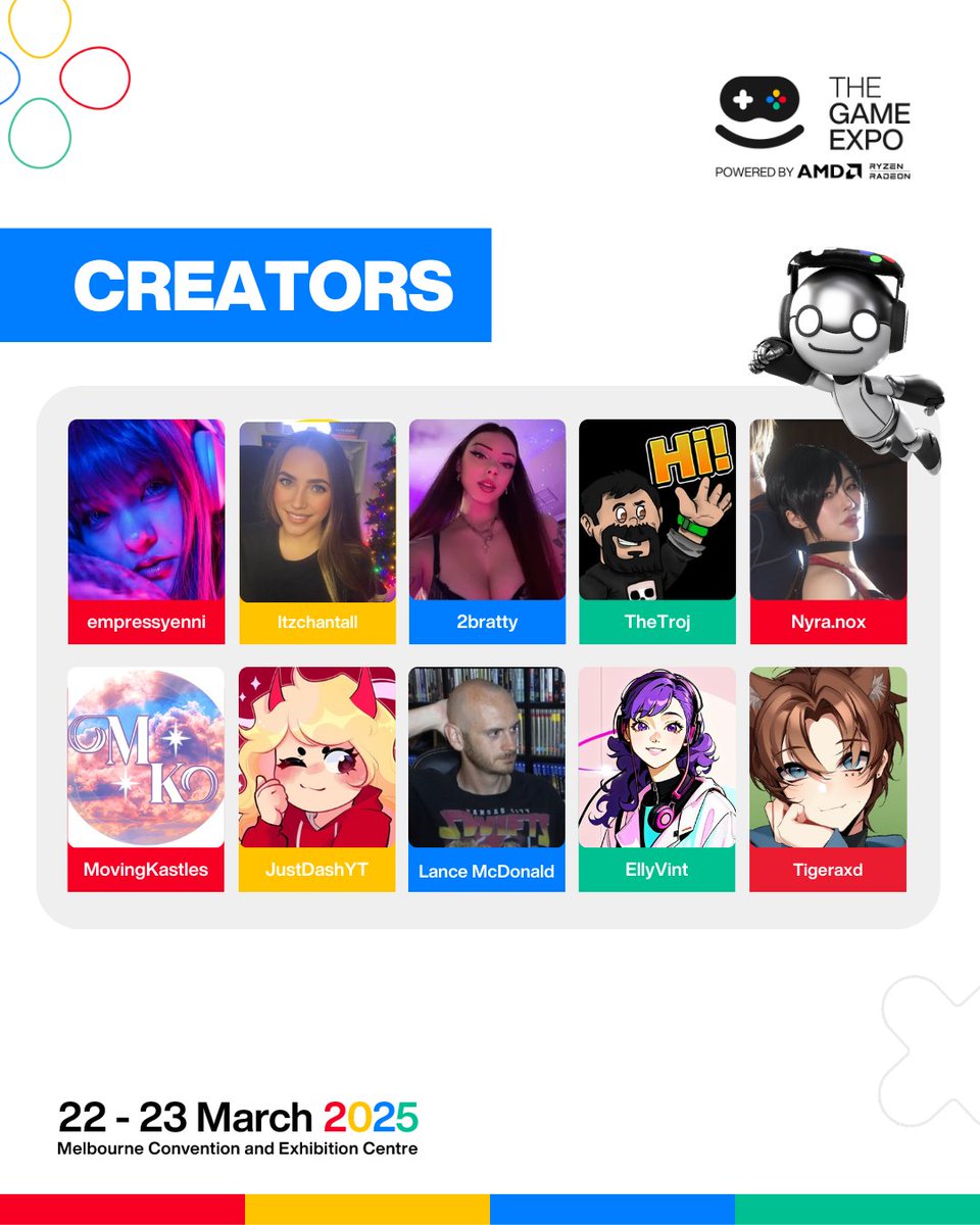 Here are more amazing creators that will be at #TheGameExpo!! 😍

<a href="/EmpressYenni/">EmpressYenni</a> <a href="/Itzchantall_/">Itzchantall</a> <a href="/222bratty/">Bratty</a> <a href="/The1Troj/">TheTroj</a> <a href="/nyranox/">ཐི 𝐧𝐲𝐫𝐚 ཋྀ → tgx 2026</a> <a href="/movingkastles/">MK</a> <a href="/JustDashYT/">JustDash</a> <a href="/manfightdragon/">Lance McDonald</a> EllyVint, <a href="/tigeraxd/">Tigeraxd 🐯</a>