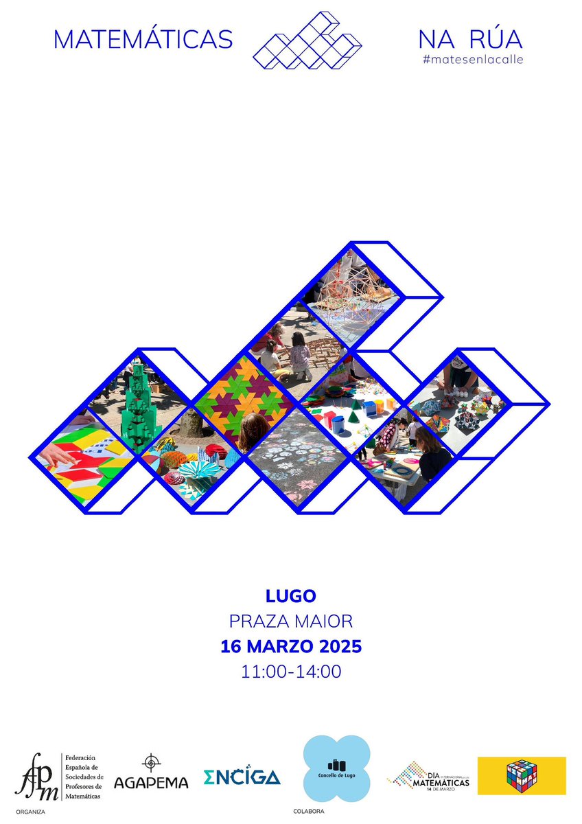 agapema (@agapemaf) on Twitter photo Recorda que este domingo 16 de marzo tes unha cita con Matemáticas na Rúa.
Profesorado de AGAPEMA e ENCIGA sacarán as matemáticas á rúa para que todo aquel que se veña á Praza Maior de Lugo poida gozar con elas.
📅 Domingo 16 de marzo
⏰ De 11:00 a 14:00 h
 📍 Praza Maior de Lugo Recorda que este domingo 16 de marzo tes unha cita con Matemáticas na Rúa.
Profesorado de AGAPEMA e ENCIGA sacarán as matemáticas á rúa para que todo aquel que se veña á Praza Maior de Lugo poida gozar con elas.
📅 Domingo 16 de marzo
⏰ De 11:00 a 14:00 h
 📍 Praza Maior de Lugo