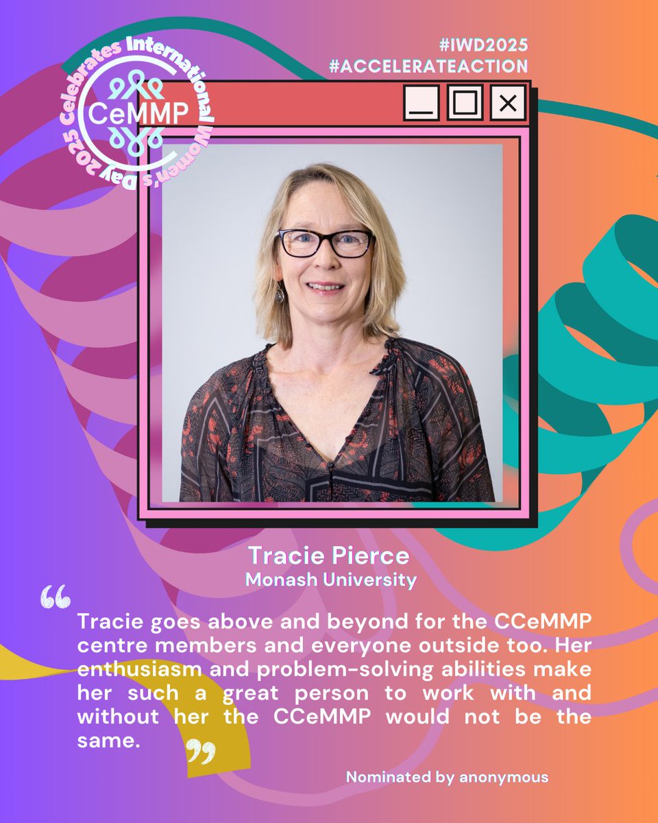 ARC CCeMMP (@ccemmp) on Twitter photo Today we highlight Tracie Pierce from Monash University. 👏
#IWD2025 #WomenInScience #AccelerateAction
<a href="/MIPS_Australia/">Monash Institute of Pharmaceutical Sciences</a>
<a href="/arc_gov_au/">Australian Research Council</a> Today we highlight Tracie Pierce from Monash University. 👏
#IWD2025 #WomenInScience #AccelerateAction
<a href="/MIPS_Australia/">Monash Institute of Pharmaceutical Sciences</a>
<a href="/arc_gov_au/">Australian Research Council</a>