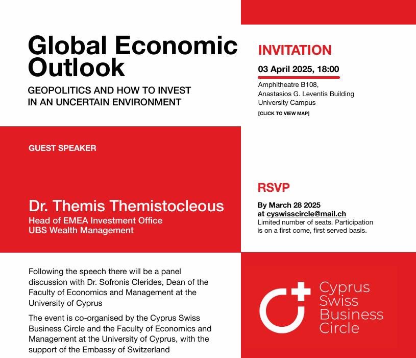 #SavetheDate: Ο Θέμης Θεμιστοκλέους, επικεφαλής του ευρωπαϊκού γραφείου επενδύσεων του ελβετικού τραπεζικού κολοσσού UBS, θα είναι κεντρικός ομιλητής σε εκδήλωση που διοργανώνει ο Κυπρο-Ελβετικός Επιχειρηματικός Κύκλος με θέμα τις επενδύσεις σε ένα γεωπολιτικά αβέβαιο περιβάλλον