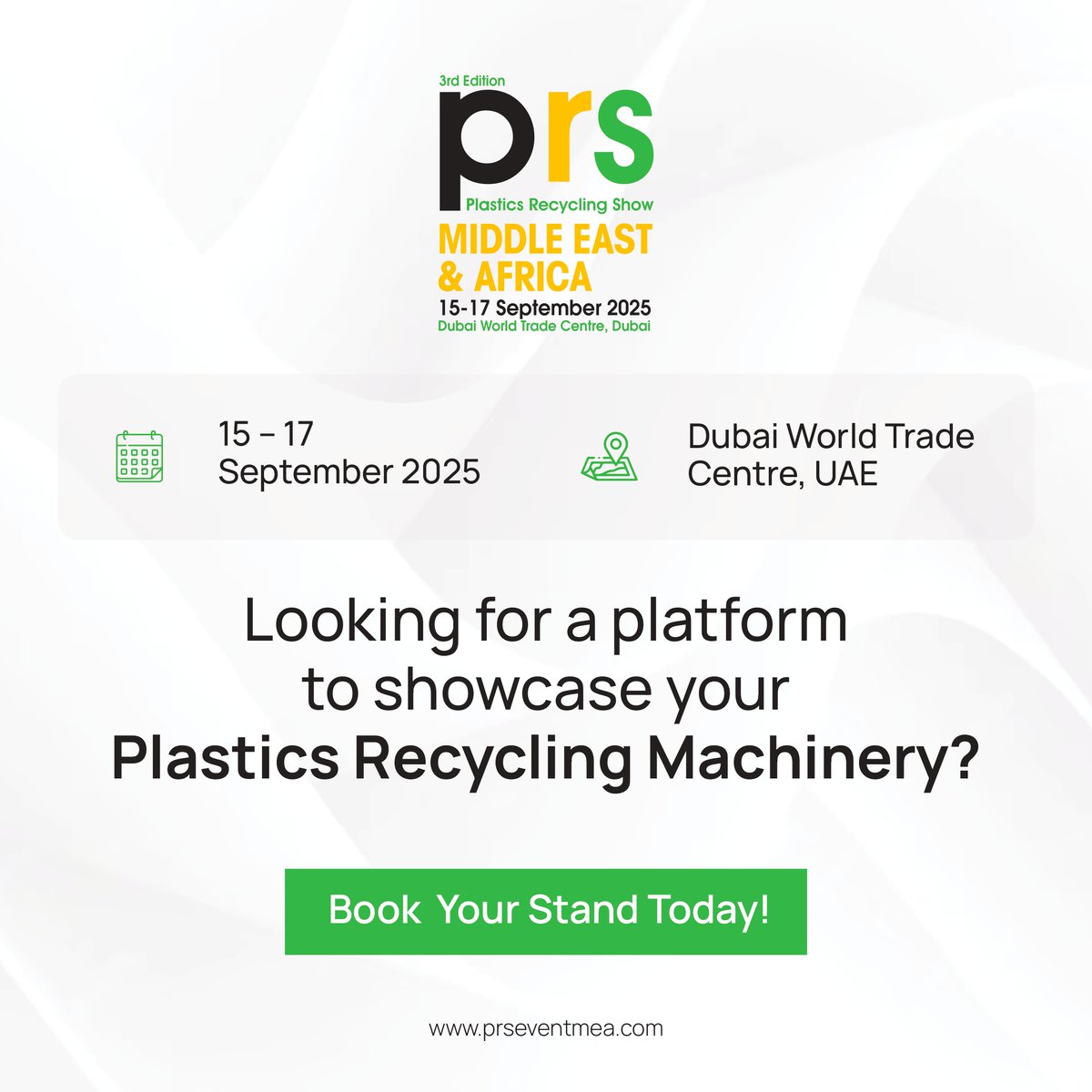 Don’t miss this opportunity to demonstrate your solutions and drive the future of sustainability - Book your stand today! 

Book here:loom.ly/a9InyXM

Contact:
Poornashree DP
poornashree@mediafusionme.com
+971 52 4950476 
 
 #PRSMEA #RecyclingInnovation #SustainableFuture