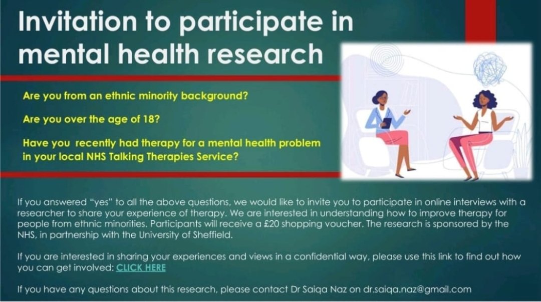 Please consider participating in this research if you have accessed an NHS talking therapy service recently. Contact <a href="/saiqa_naz/">saiqa naz</a> for more information.