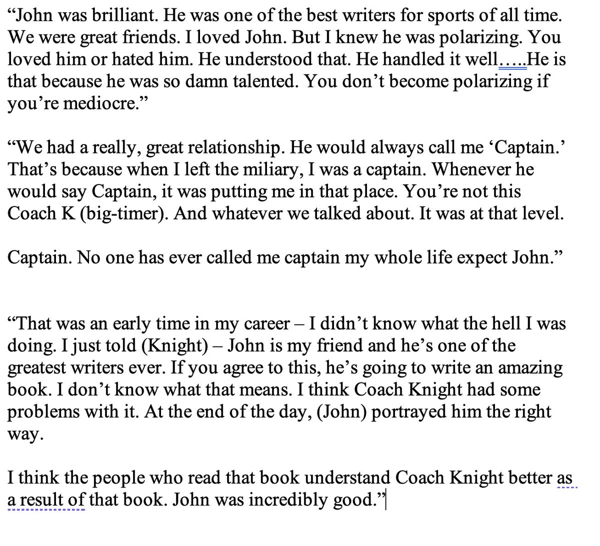 Spoke to an emotional Mike Krzyzewski today on the death of John Feinstein, who he called "one of the best writers for sports of all time."