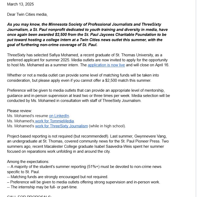 mnspj's tweet image. Twin Cities news media! The boards of @MNSPJ and @ThreeSixtyMN are proud to present recent University of St. Thomas grad Safiya Mohamed as this summer's St. Paul Jaycees Foundation intern. Host her to cover St. Paul, and we'll cover at least 1/2 the cost: forms.office.com/r/rGpPSiMxum