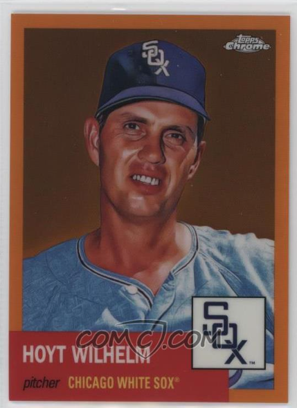 stacksofheroes's tweet image. Just bought my 22nd variation of Hoyt Wilhem from 2022 Topps Chrome Platinum Anniversary on COMC. Pictured are Black (/10), Orange (/25), Gold Wave (/50) and Platinum Toile Cream &amp;amp; Rose Gold (/75) refractors.