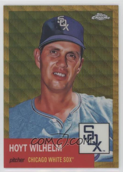 stacksofheroes's tweet image. Just bought my 22nd variation of Hoyt Wilhem from 2022 Topps Chrome Platinum Anniversary on COMC. Pictured are Black (/10), Orange (/25), Gold Wave (/50) and Platinum Toile Cream &amp;amp; Rose Gold (/75) refractors.