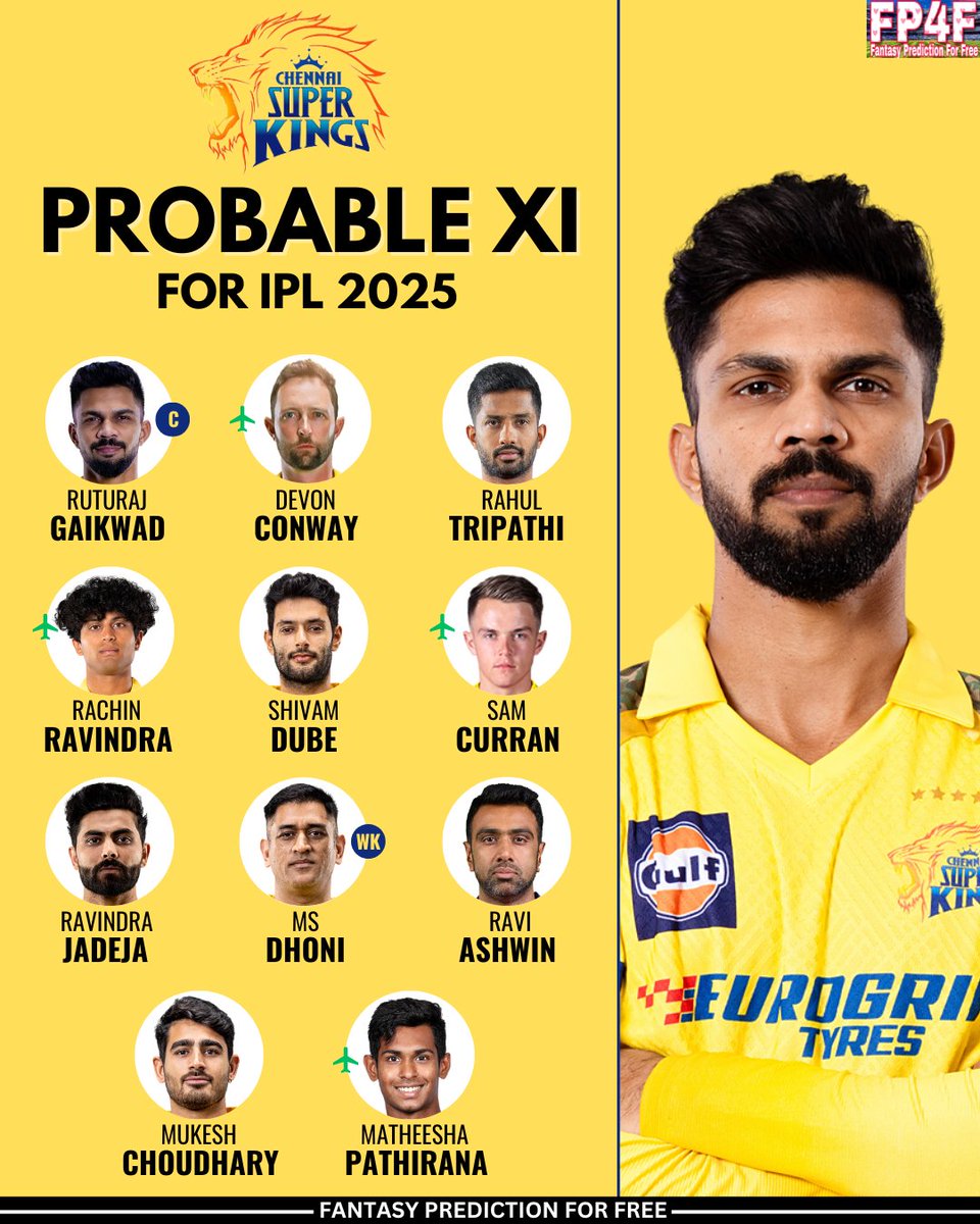 SportsStatsFree's tweet image. CSK IPL 2025 Probable Playing 11, Chennai Super Kings Expected Playing 11 for IPL 2025. #fantasypredictionforfree #cricket #ipl #ipl2025