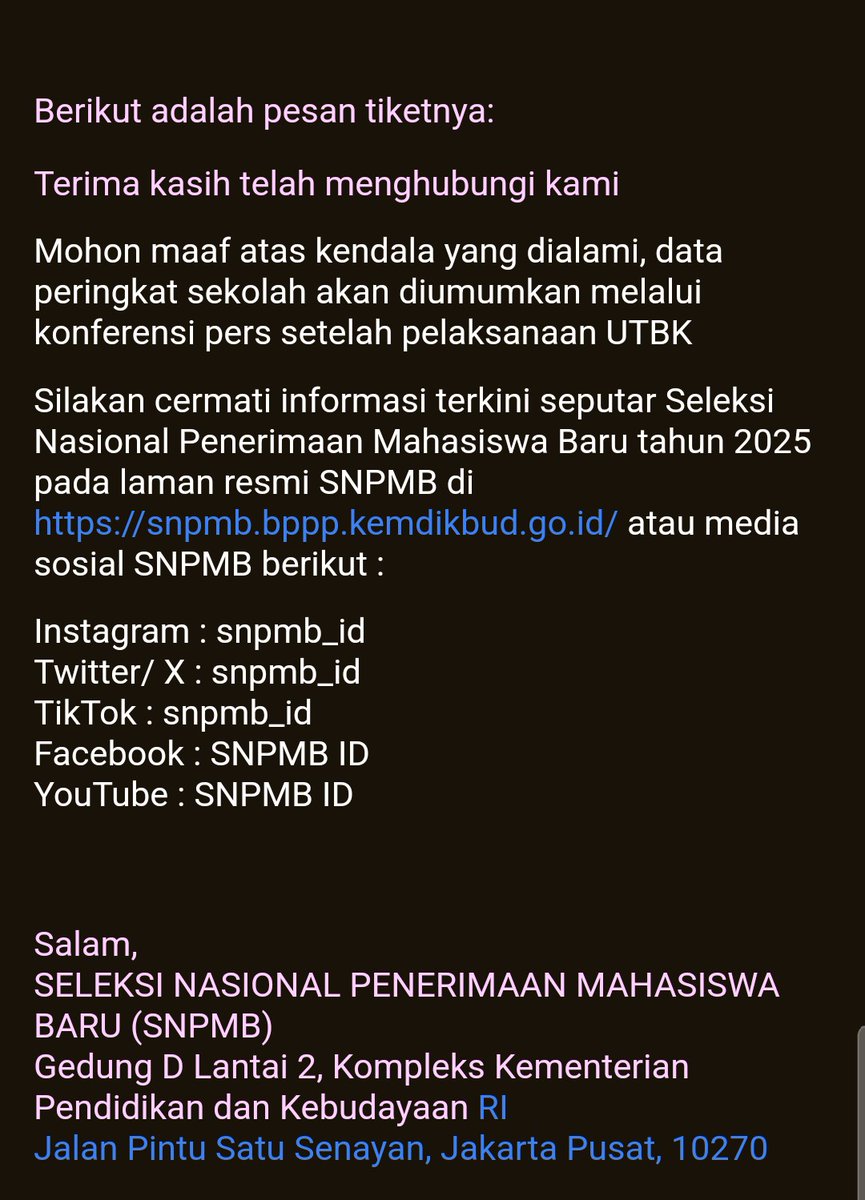 Kabar gembira dari <a href="/snpmb_id/">Seleksi Nasional Penerimaan Mahasiswa Baru</a> 

Peringkat sekolah akan diumumkan kembali tahun 2025 ini. Sebelumnya terakhir dirilis pada utbk 2022 saja

Ini bisa cek file peringkat 1000 sekolah yanh diumumkan LTMPT 2022
drive.google.com/file/d/1LsFXZU…