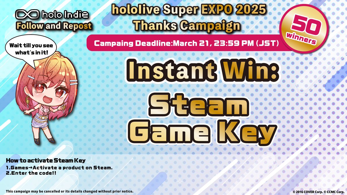 holo Indie Official (@holoindie_ccmc) on Twitter photo 🎉hololive SUPER EXPO 2025 Thanks Campaign Part1️⃣🎁
Ends on March 21, 23:59 PM (JST)‼️
✅ How to Enter:
① Follow <a href="/holoindie_ccmc/">holo Indie Official</a>
② Repost this post
🔽 Check the results via the website below
social-camp.com/5-8vm5_6Es9KwX…
#holoindie #indiegame 🎉hololive SUPER EXPO 2025 Thanks Campaign Part1️⃣🎁
Ends on March 21, 23:59 PM (JST)‼️
✅ How to Enter:
① Follow <a href="/holoindie_ccmc/">holo Indie Official</a>
② Repost this post
🔽 Check the results via the website below
social-camp.com/5-8vm5_6Es9KwX…
#holoindie #indiegame