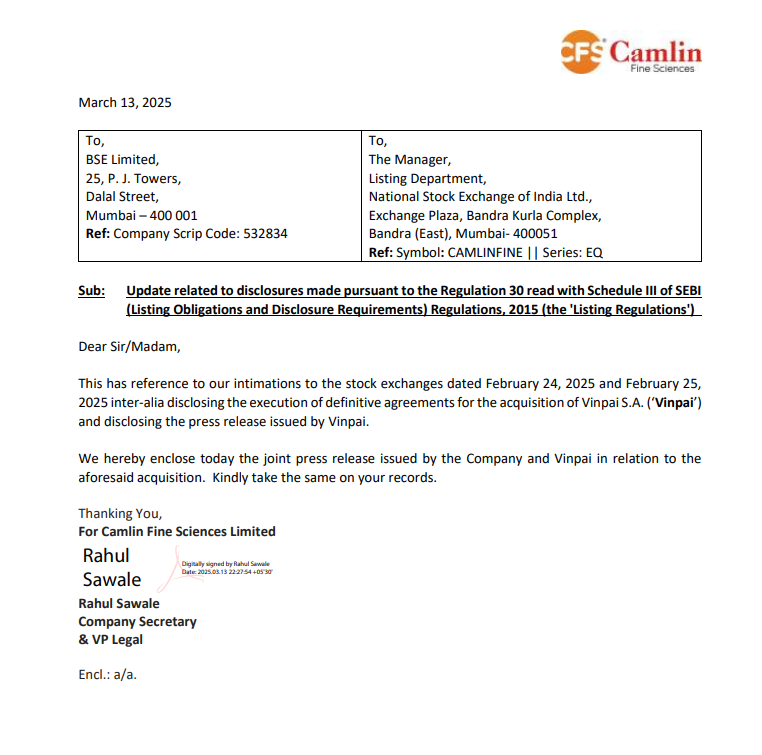 EyeOn_Trade's tweet photo. #Camlin Fine Sciences to Acquire Up to 100% Stake in Vinpai S.A. Camlin Fine Sciences will acquire up to 100% of Vinpai S.A. through a share swap, €3.3 million bond investment, and a public tender offer at €3.60 per share. https://t.co/oATOJJnvp4