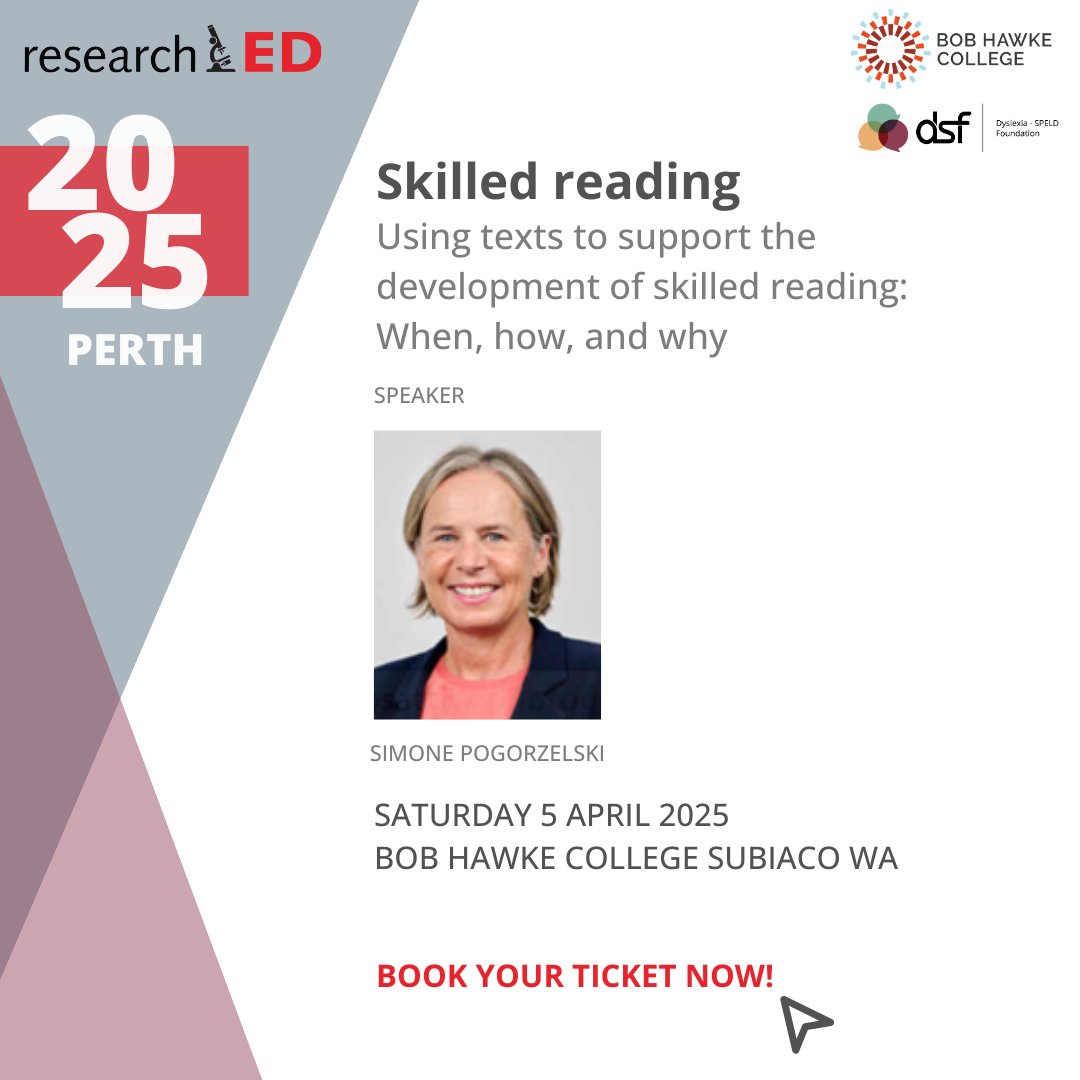 Dyslexia-SPELD (@dyslexiaspeld) on Twitter photo researchED Perth Speaker Announcement!
<a href="/SPogorzelski/">Simmone Pogorzelski PhD</a>'s session will provide teachers with the practical knowledge to select texts that support the transition from beginning to skilled reading.
Learn more at dsf.net.au/researchED
<a href="/researchED_Aus/">researchED Australia</a> #researchEDPerth researchED Perth Speaker Announcement!
<a href="/SPogorzelski/">Simmone Pogorzelski PhD</a>'s session will provide teachers with the practical knowledge to select texts that support the transition from beginning to skilled reading.
Learn more at dsf.net.au/researchED
<a href="/researchED_Aus/">researchED Australia</a> #researchEDPerth