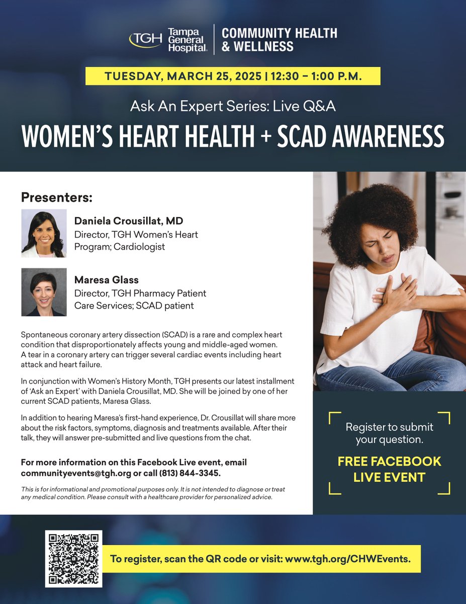 iSCADregistry (@iscadregistry) on Twitter photo SAVE THE DATE!
Dr. <a href="/DCrousillat/">Dani Crousillat</a>, Dir of the Women's Heart Program at <a href="/USFHealth/">USF Health</a> Tampa General Hospital, is hosting a Facebook Live focused on #SCAD on Tuesday 3/25/25 at 12:30 p.m. EST.
Pls share with colleagues and patients!
#SCADheart #scadalliance SAVE THE DATE!
Dr. <a href="/DCrousillat/">Dani Crousillat</a>, Dir of the Women's Heart Program at <a href="/USFHealth/">USF Health</a> Tampa General Hospital, is hosting a Facebook Live focused on #SCAD on Tuesday 3/25/25 at 12:30 p.m. EST.
Pls share with colleagues and patients!
#SCADheart #scadalliance