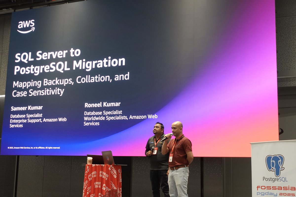 fossasia's tweet image. LIVE NOW 
￼
Roneel Kumar, Senior Database Specialist Solutions Architect &amp;amp; Sameer Kumar, Principal Database Specialist at #AmazonWebServices, are sharing &quot;Overcoming Challenges in #SQL Server to #PostgreSQL Migrations: Mapping Backups, Collations, and Case Sensitivity&quot; at…