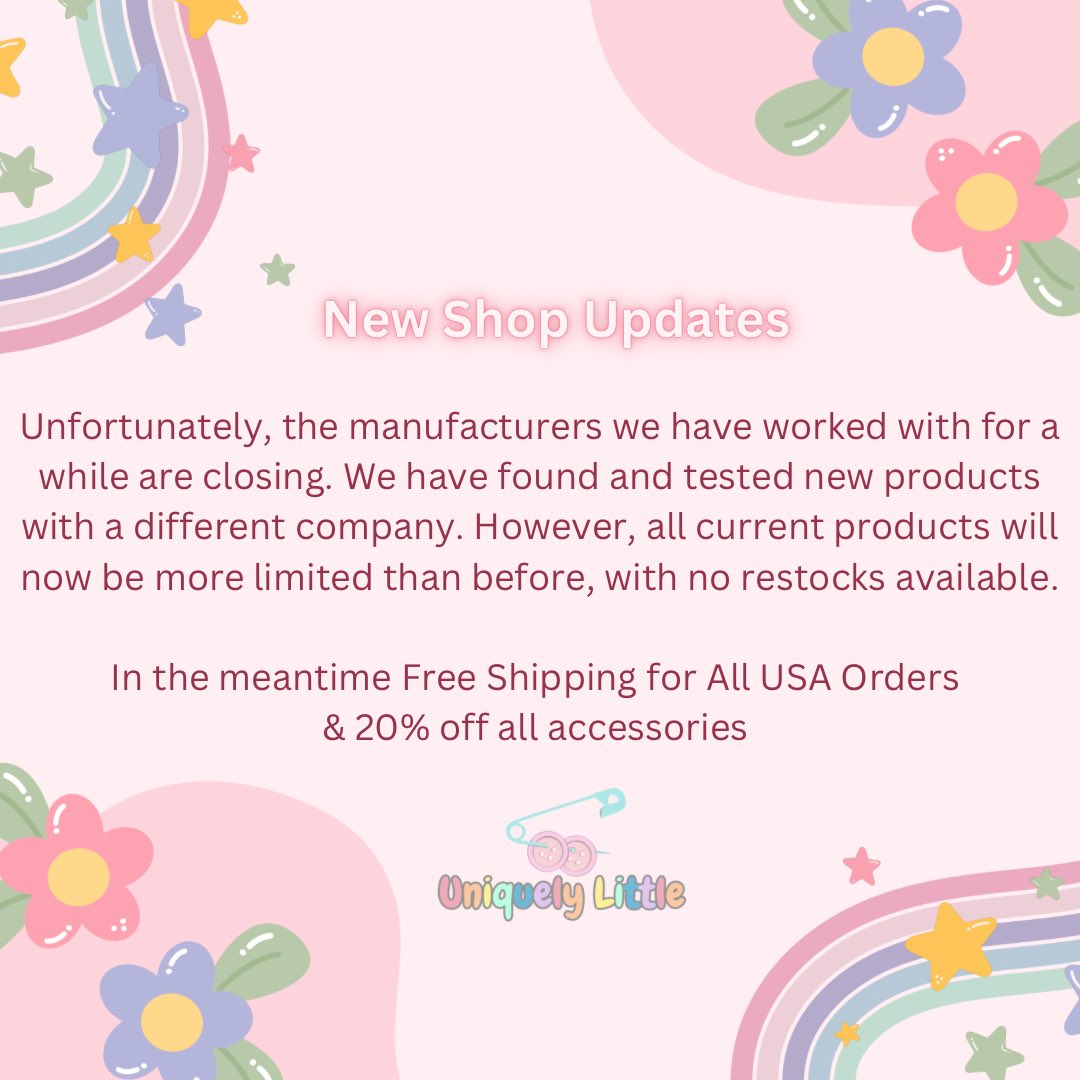 New products will be coming out this spring ☺️

In the meantime Free Shipping on all USA orders and 20% off all accessories 

UniquelyLittle.com