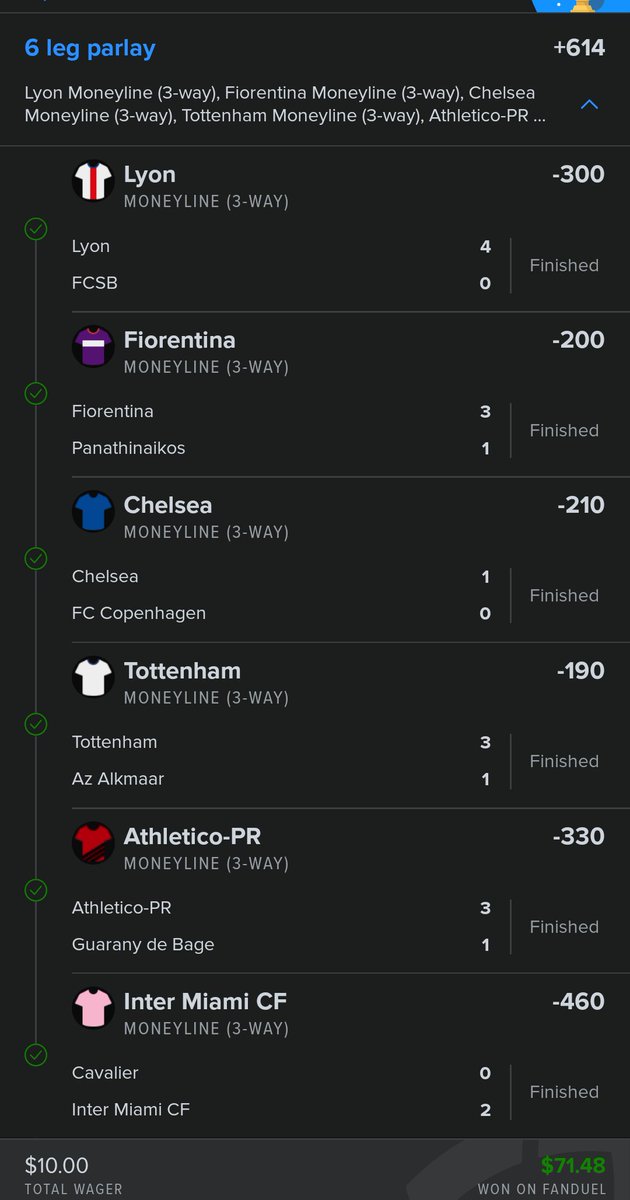 QuickEdgeBets's tweet image. Cash that🔥🔥 

⚽ Europa League Play ⚽

Cashed a 🔥 6-leg parlay (+614) on FanDuel! 💰💵

✅ Lyon ML (-300) 🏆 4-0

✅ Fiorentina ML (-200) 🏆 3-1

✅ Chelsea ML (-210) 🏆 1-0

✅ Tottenham ML (-190) 🏆 3-1

✅ Athletico-PR ML (-330) 🏆 3-1

✅ Inter Miami ML (-460) 🏆 2-0

💰…