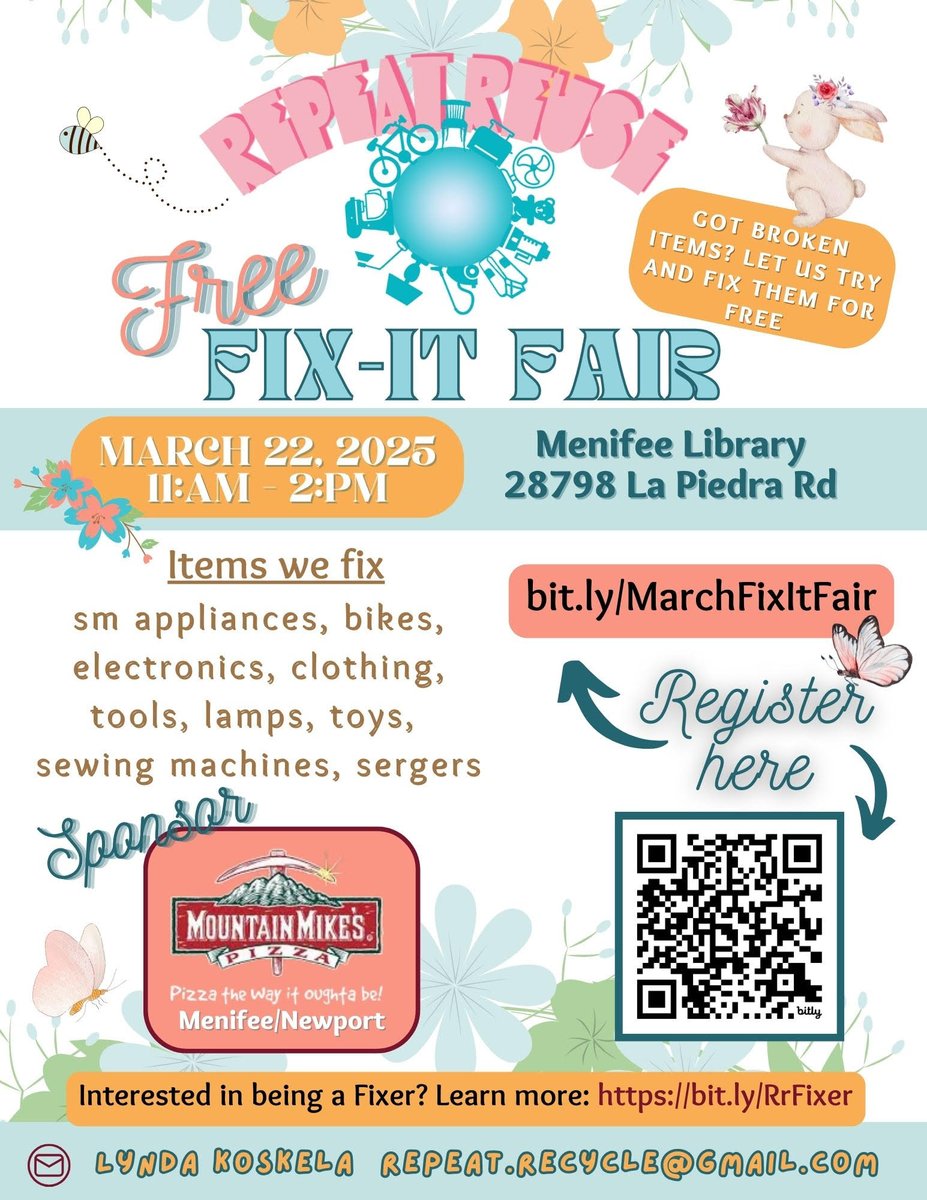 rongonz's tweet image. A Free Fix-it Fair organized by Repeat Reuse will take place at the #Menifee Library on Saturday, March 22, 2025 from 11 a.m.-2 p.m. You can register, make an appointment and see if a volunteer can repair your broken item. Contact Lynda at repeat.recycle@gmail.com.