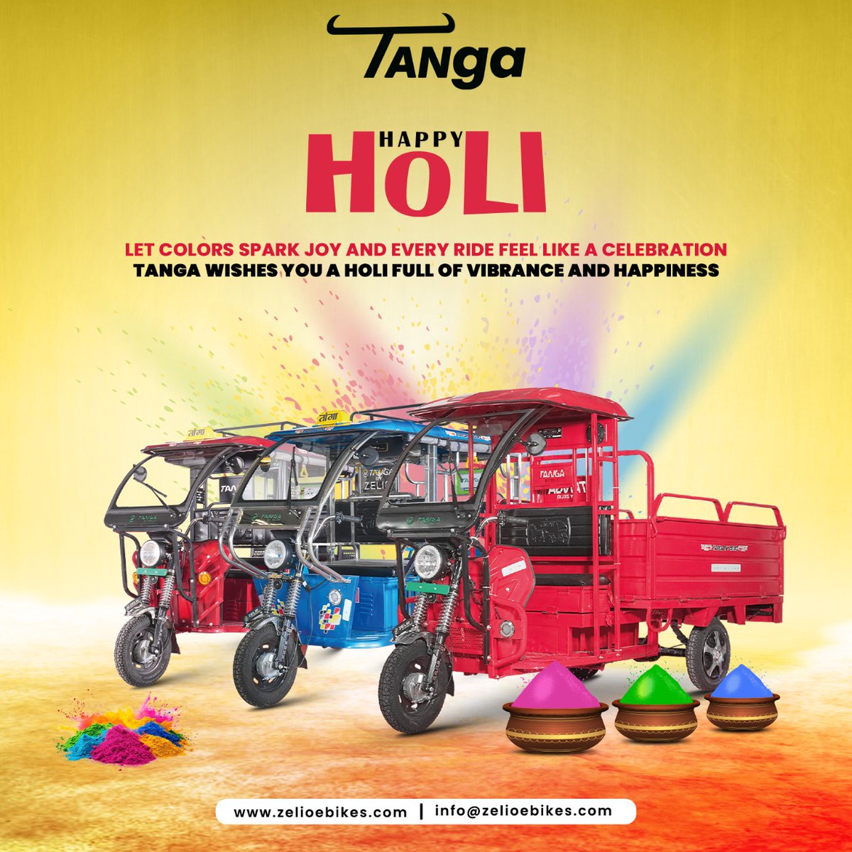 Celebrate Holi with vibrant colors and a joyful ride!  Tanga wishes you a Holi full of happiness and brightness. Let’s make every journey as colorful as this festival!  #HappyHoli #ColorfulRides #Tanga #ElectricRickshaw #FestiveVibes #EcoFriendlyRide