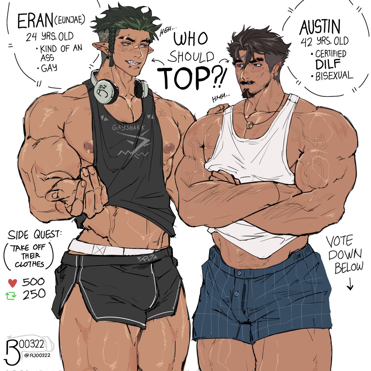[ Eran x Austin - OC Content ]

Now who should top who first? 👀
(Don't worry they'll both top eachother eventually)

Vote down below 
(You can suggest poses too along with who's topping 🤭)