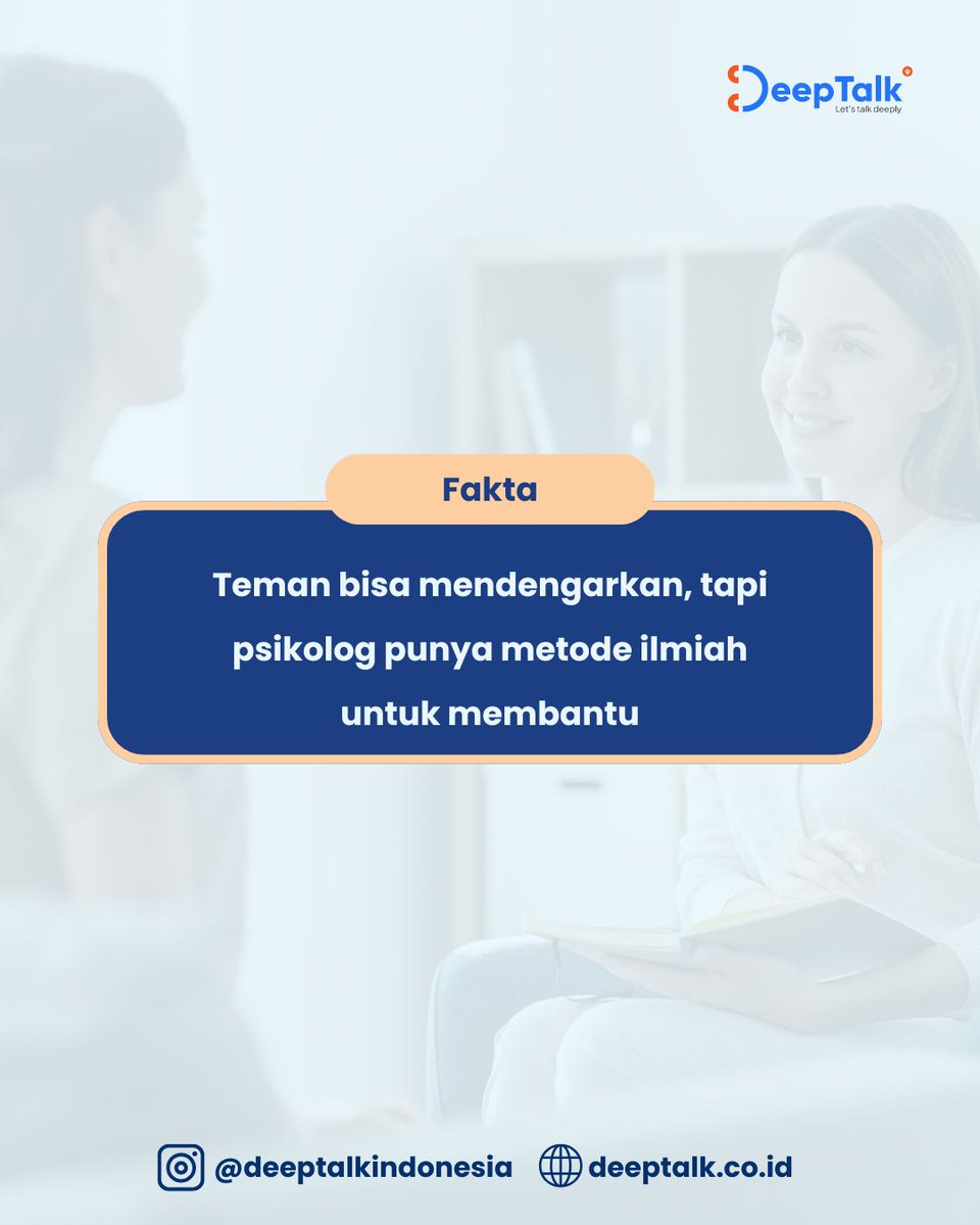 Haii DeepTalky

Curhat ke Teman vs Konseling ke Psikolog, Apa Bedanya?" 🤔💬

Sering dengar mitos kalau curhat ke teman sudah cukup dan konseling hanya buat yang punya gangguan mental? ❌ Faktanya, konseling bisa membantu siapa saja untuk memahami diri lebih dalam.