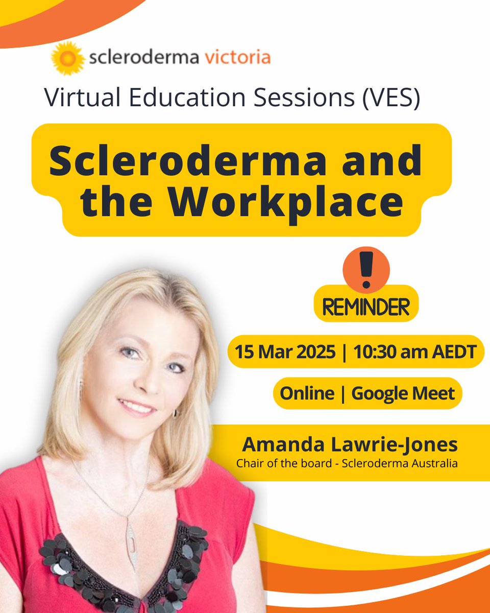 REMINDER that our March  Virtual Education Session with Amanda Lawrie-Jones is TOMORROW!

TOPIC: Scleroderma and the Workplace
WHEN: Saturday, 15th March at 10:30 AM AEDT
WHERE: Online via Google Meet
COST: It's FREE!
Register here: sclerodermaaustralia.com.au/virtual-educat…

#SclerodermaAwareness