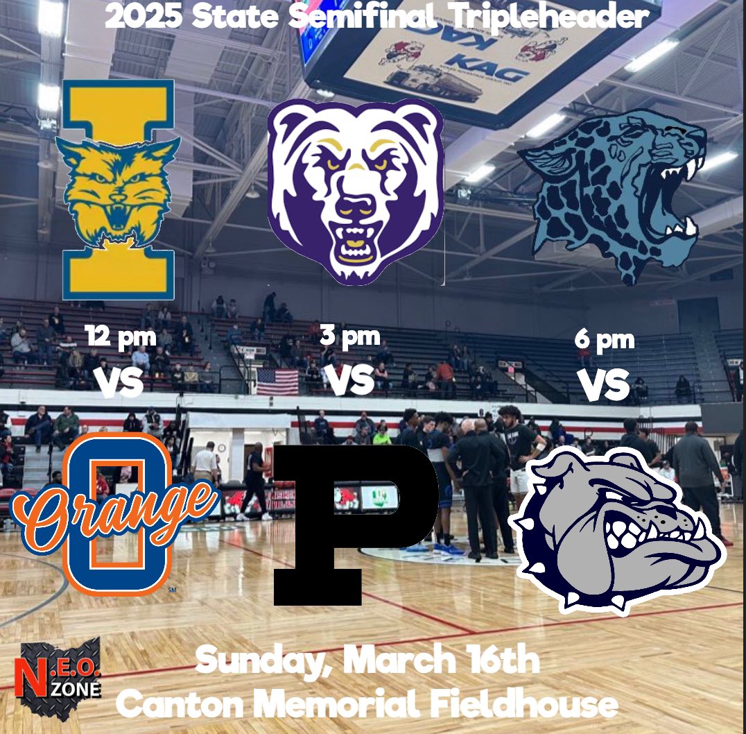 Canton Memorial Fieldhouse will be the place to be this Sunday!

12:00 pm (D-1 Semifinal)
St. Ignatius vs Olentangy Orange

3:00 pm (D-2 Semifinal)
North Royalton vs Massillon Perry

6:00 pm (D-3 Semifinal)
Louisville vs Garfield Heights

#NEOHoops 🏀