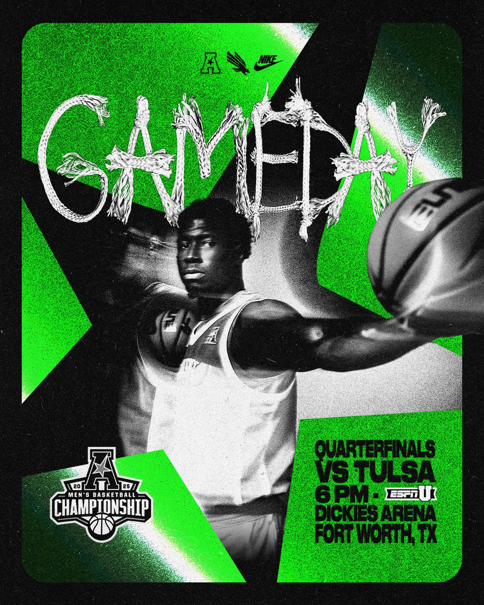 AAC Quarterfinals GAMEDAY 🟢🦅

🆚 Tulsa
⏰ 6 PM
📍 <a href="/DickiesArena/">Dickies Arena</a> 
📺 ESPNU
🎙️ northtex.as/MGSNetwork
🎟️ northtex.as/AACChampTix

#GMG | #PackDickies