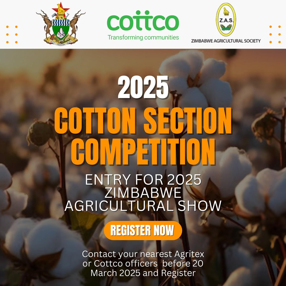 The 2025 Cotton Section Competition is now open for registration! Don’t miss out – contact your nearest Agritex or COTTCO officer before 20th March 2025. #CottonCompetition2025 #RegisterNow #Agriculture
<a href="/cottcozw/">Cotton Company of Zimbabwe (Cottco)</a>