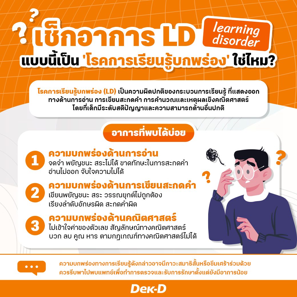 webdekd's tweet image. ชวนสังเกตอาการโรคการเรียนรู้บกพร่อง (Learning disorder - LD) จากความบกพร่อง 3 ด้านที่พบบ่อย ✅dek-d.com/teentrends/641…

#LD #learningdisorders #learningdisability #โรคการเรียนรู้บกพร่อง #ปัญหาการศึกษา #เด็กนักเรียน #dekdShortNote