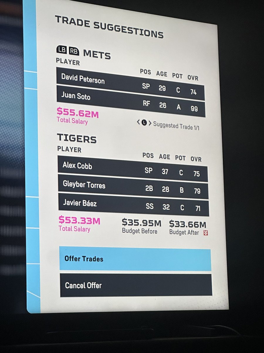 BabyMPants's tweet photo. MLB the show 25 has the worst trade logic I have ever seen in any franchise mode ever.
These are some of the computer suggested trades.

I don’t expect out of the park baseball but this is a joke and it ruins the mode

@MLBTheShow #MLBTheShow25 https://t.co/swniHsyuY8