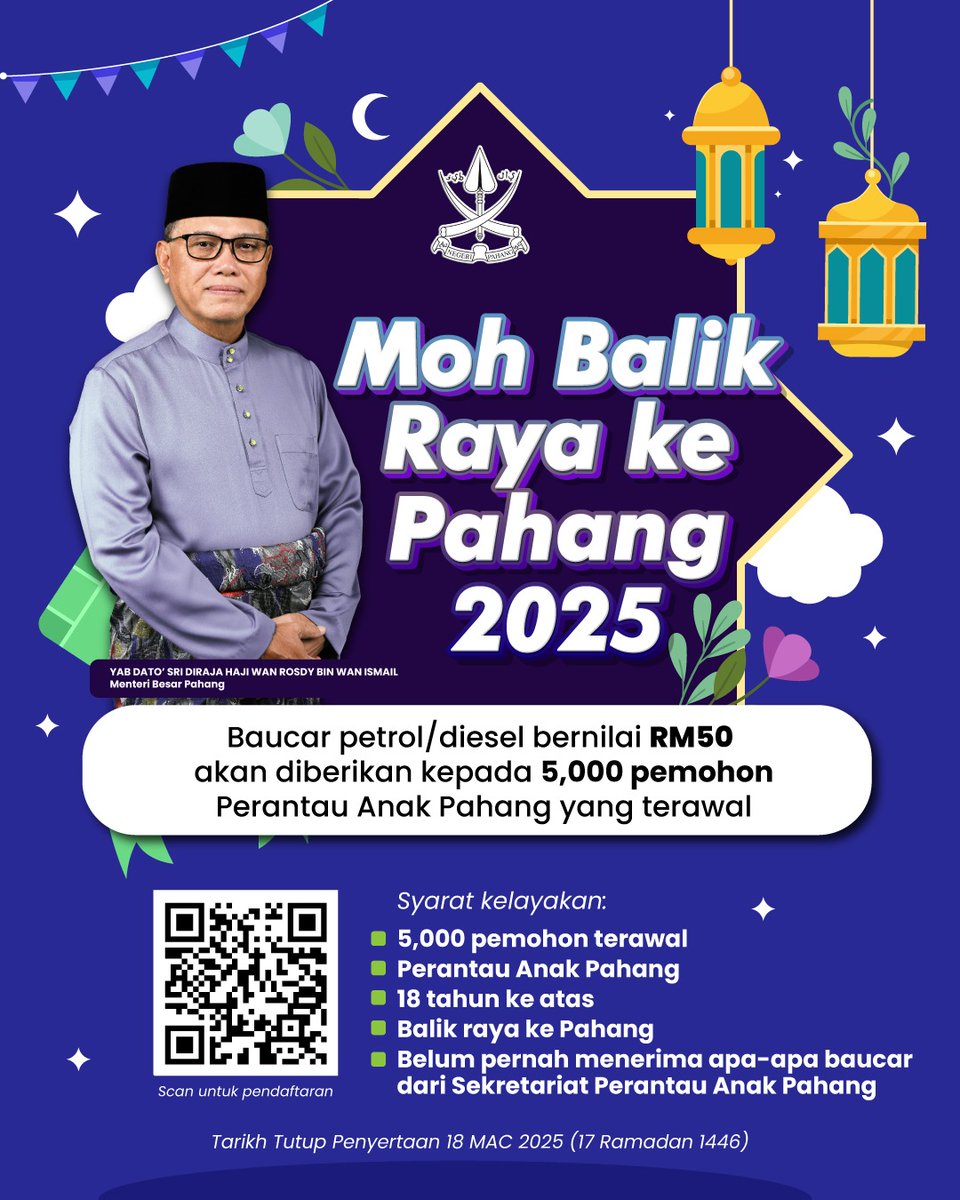 Moh Perantau Pahang!

Baucar Petrol/Diesel datang lagi Aidilfitri tahun ini!

Sila isikan maklumat dalam google form di link berikut forms.gle/oMguD69iUyKdJ9…

ataupun dengan mengimbas kod qr yang tertera