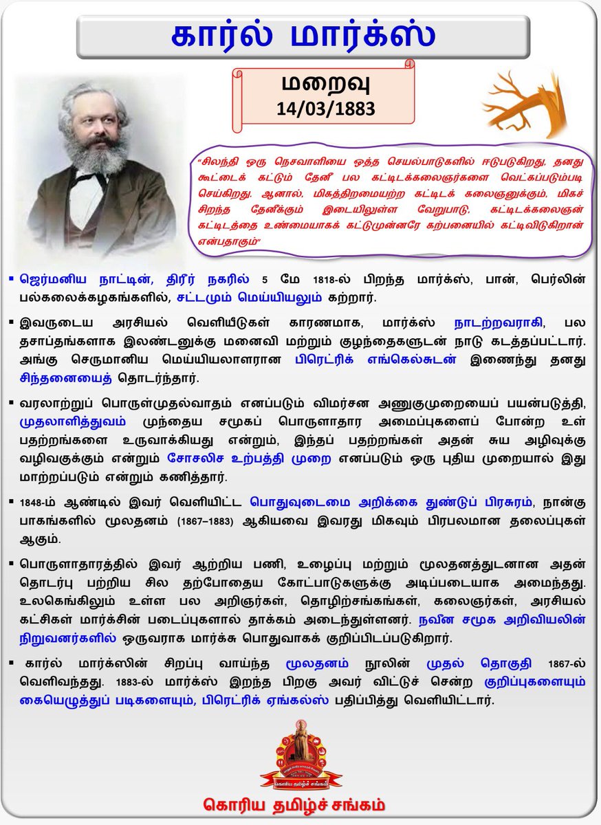 முதலாளித்துவத்தை வீழ்த்துவதற்கும், சமூக-பொருளாதார விடுதலையைக் கொண்டுவருவதற்கும் தொழிலாள வர்க்கம் ஒழுங்கமைக்கப்பட்ட பாட்டாளி வர்க்கப் புரட்சிகர நடவடிக்கையை மேற்கொள்ள வேண்டும் என்று வாதிட்டு, அதைச் செயல்படுத்த தீவிரமாக அழுத்தம் கொடுத்த கார்ல் மார்க்ஸ் அவர்களின் நினைவு தினம் இன்று.