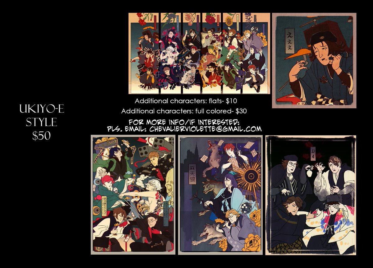 katchevio's tweet image. ✨Commission Info Updates ✨
NEW TIER: SKETCH/LINEART. Please check in the replies ^^
Ukiyo-E can go for any fandom. I enjoy making them.^^ actually any fandom, as long as there are refs. I am looking forward to drawing more for everyone soon.^^
Thank you so much, guys.💙
