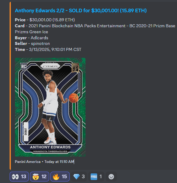 It seems every week or so, we have a new PaniniNFT sale record even amidst the global markets slump. 

An Antman 20-21 Prizm Green Ice debut card just sold for $30,001 by <a href="/spinotron/"></a> to Adlcards giving Spino a gain of 25k or 500% over a period of 2.5 yrs. More info below  ⬇️