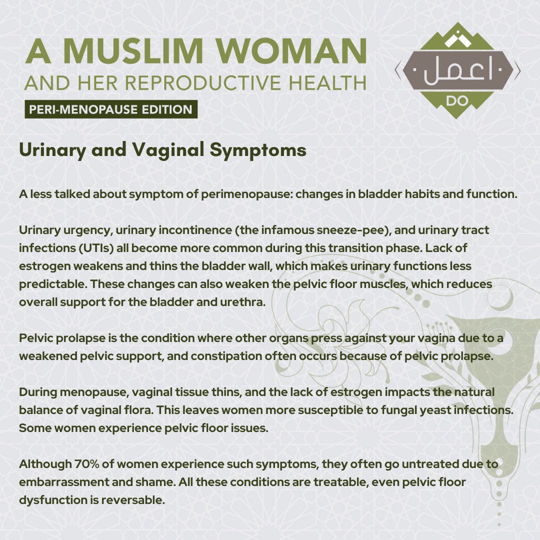 dolearningZA's tweet image. 11. Urinary and Vaginal symptoms 

#DoLearning #RamadanSeries #MuslimWoman #perimenopause #Islam