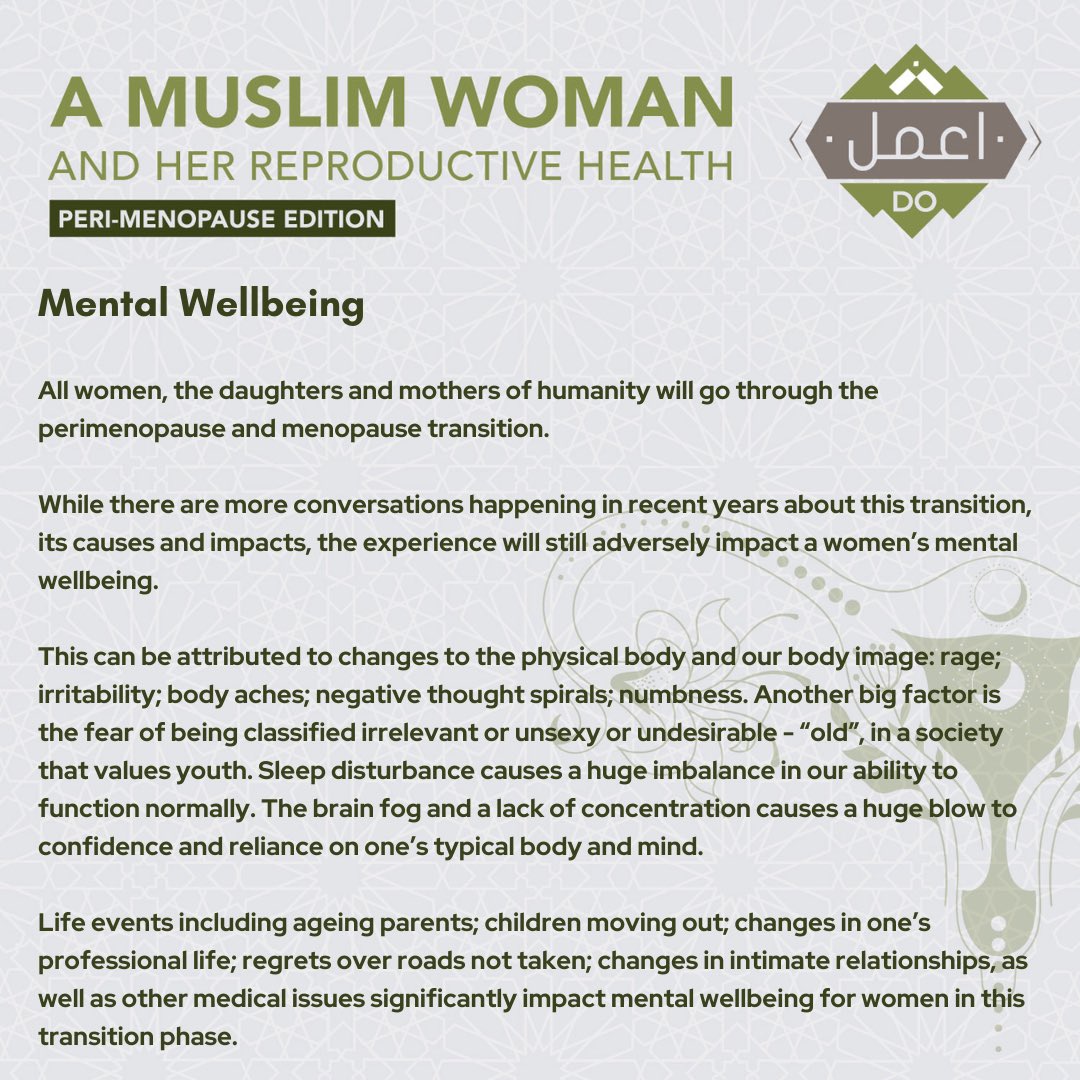 dolearningZA's tweet image. 12. Mental wellbeing

#DoLearning #RamadanSeries #MuslimWoman #perimenopause #Islam