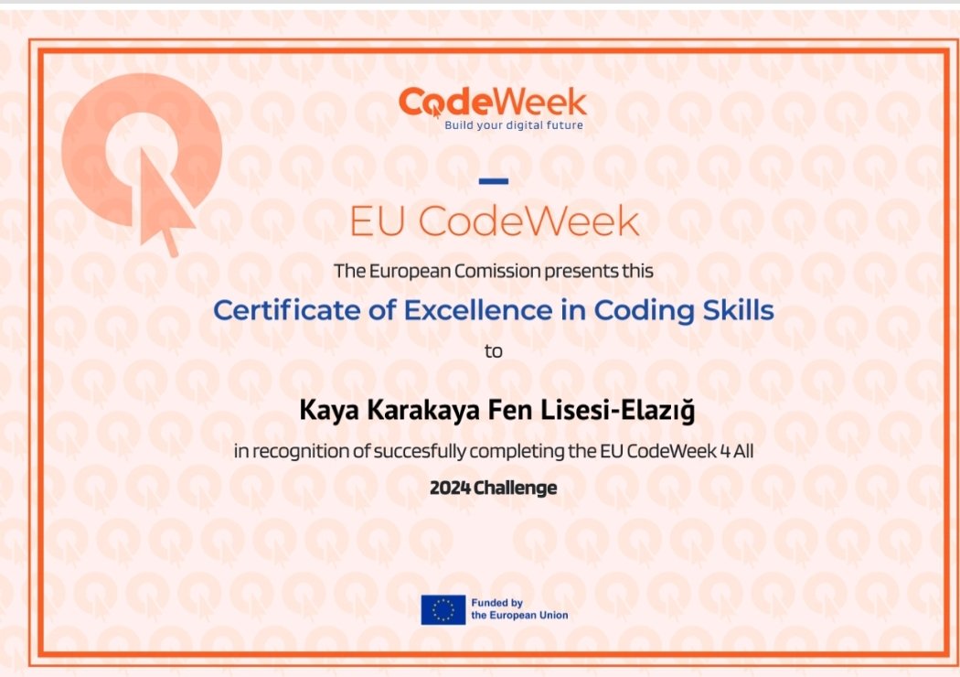 Elazığ Kaya Karakaya Fen (@kayakarakayafen) on Twitter photo Avrupa Birliği Kod Haftası(Code Week) etkinlikleri kapsamında, İngilizce öğretmenimiz Ö.Faruk Genç'in düzenlemiş olduğu etkinliklerle, Mükemmellik (Excellence) Sertifikası almaya hak kazanan hocamızı tebrik eder, başarılarının devamını dileriz. #KKFL
<a href="/elazigmem/">Elаzığ İl Мillî Eğitim Müdürlüğü</a>
<a href="/CodeweekTurkiye/">Code Week Türkiye</a> Avrupa Birliği Kod Haftası(Code Week) etkinlikleri kapsamında, İngilizce öğretmenimiz Ö.Faruk Genç'in düzenlemiş olduğu etkinliklerle, Mükemmellik (Excellence) Sertifikası almaya hak kazanan hocamızı tebrik eder, başarılarının devamını dileriz. #KKFL
<a href="/elazigmem/">Elаzığ İl Мillî Eğitim Müdürlüğü</a>
<a href="/CodeweekTurkiye/">Code Week Türkiye</a>