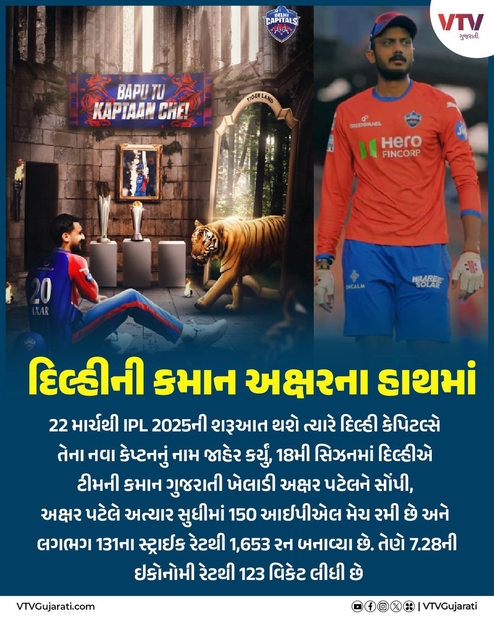 VtvGujarati's tweet image. IPL 2025: દિલ્હીની કમાન અક્ષરના હાથમાં

#ipl2025 #ipl2024news #aksharpatel #DelhiCapitals #Gujarat #Cricket #IPl #vtvgujarati #vtvcard