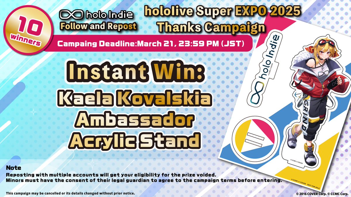 🎉hololive SUPER EXPO 2025 Thanks Campaign Part2️⃣🎁

Ends on March 21, 23:59 PM (JST)‼️

✅ How to Enter:
① Follow <a href="/holoindie_ccmc/">holo Indie Official</a>
② Repost this post
🔽 Check the results via the website below
social-camp.com/9FOYtfscwnq9ux…

#holoindie #inKaela #KaelAttention