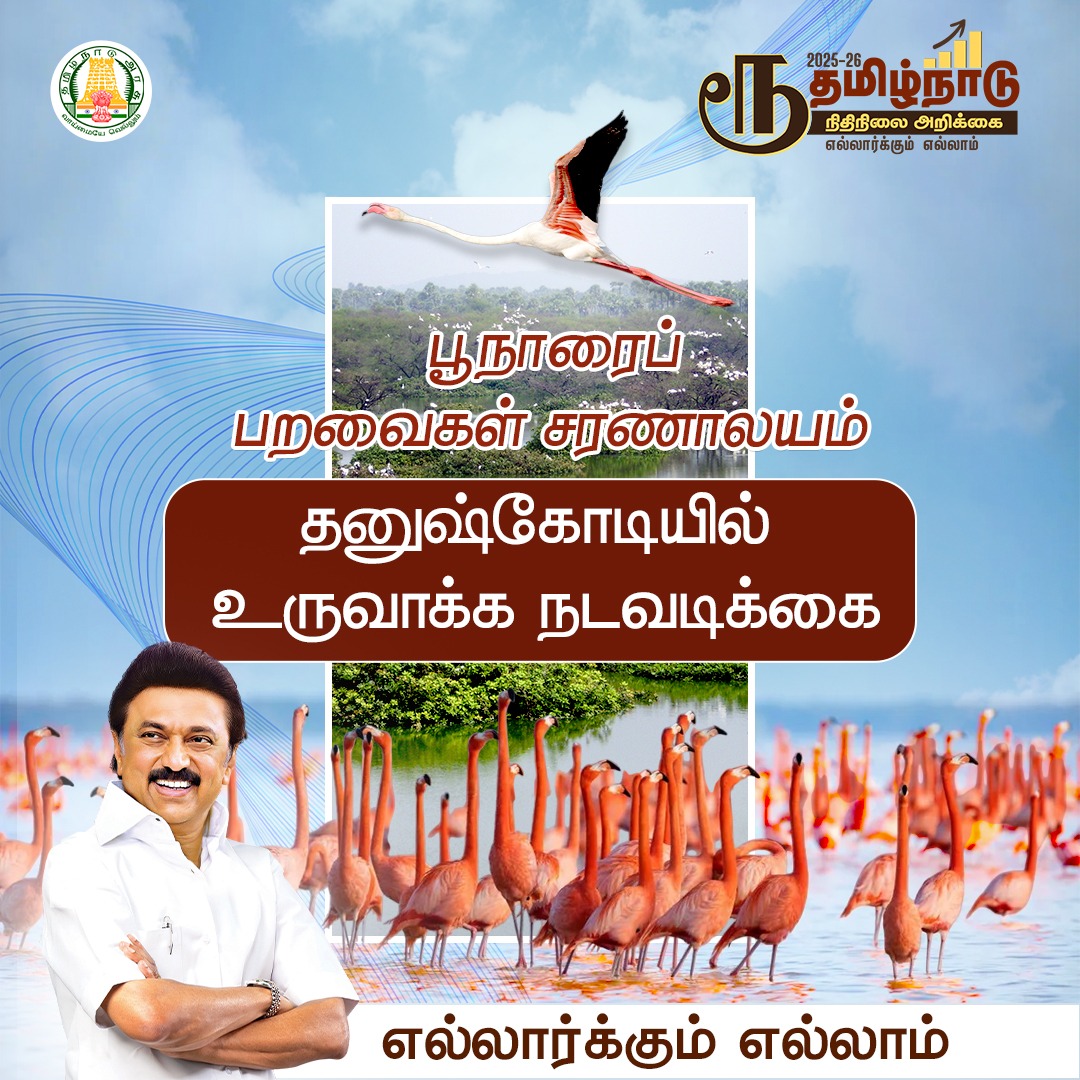 Tamil Nadu Forest Department (@tnforestdept) on Twitter photo தனுஷ்கோடி பூநாரைப் பறவைகள் சரணாலயம் விரைவில் அறிவிக்கப்படும்.
Dhanushkodi Bird Sanctuary will soon be notified in Ramanathapuram district. It is well known as an Important Bird Area & transit point for migratory wetland birds especially Flamingos.
#TNBudget2025 <a href="/KPonmudiMLA/">Dr.K.Ponmudy</a> தனுஷ்கோடி பூநாரைப் பறவைகள் சரணாலயம் விரைவில் அறிவிக்கப்படும்.
Dhanushkodi Bird Sanctuary will soon be notified in Ramanathapuram district. It is well known as an Important Bird Area & transit point for migratory wetland birds especially Flamingos.
#TNBudget2025 <a href="/KPonmudiMLA/">Dr.K.Ponmudy</a>
