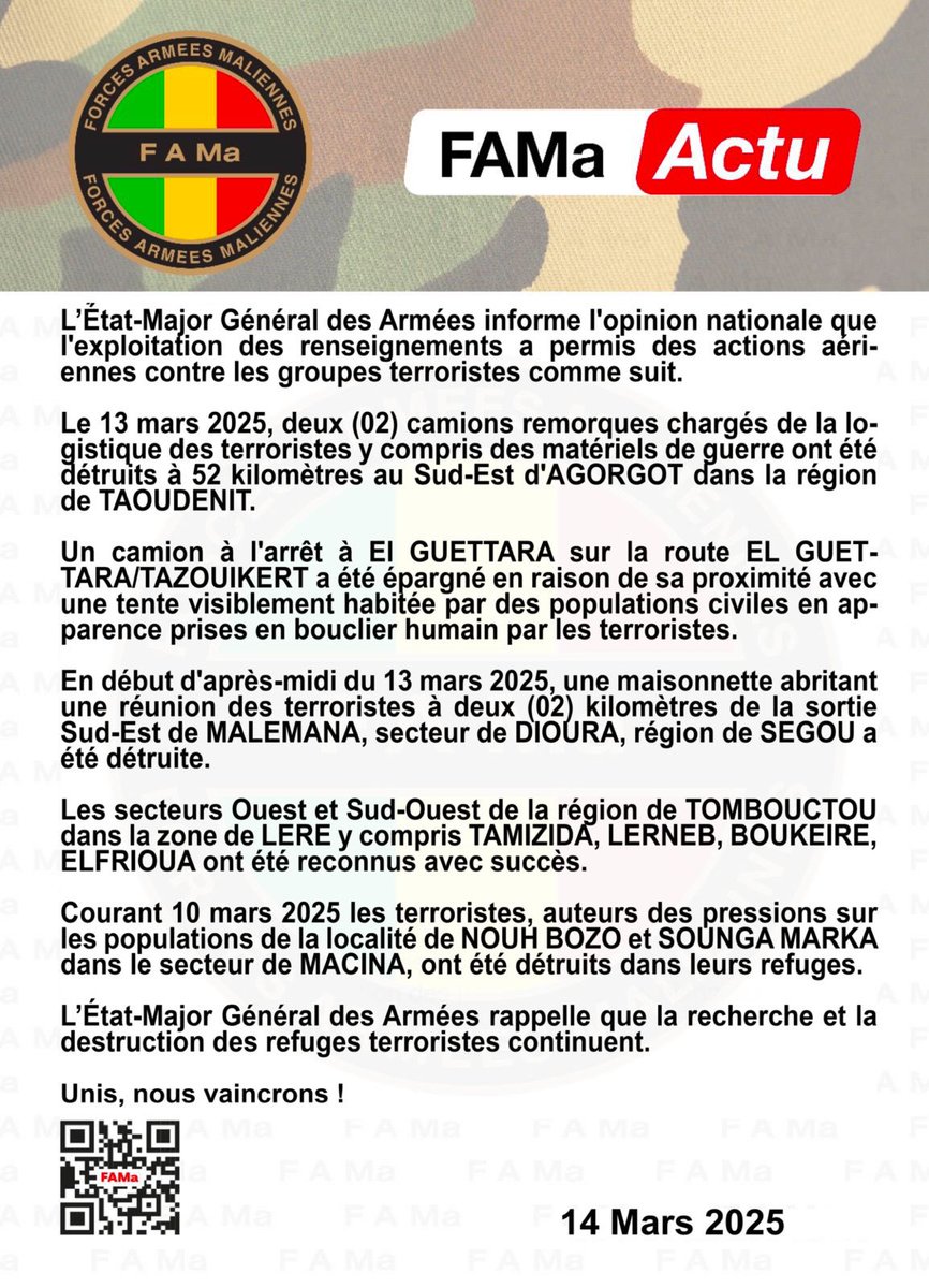 DirpaFa's tweet image. L&apos;État-Major Général des Armées informe l&apos;opinion nationale que l&apos;exploitation des renseignements a permis des actions aériennes contre les groupes terroristes comme suit.