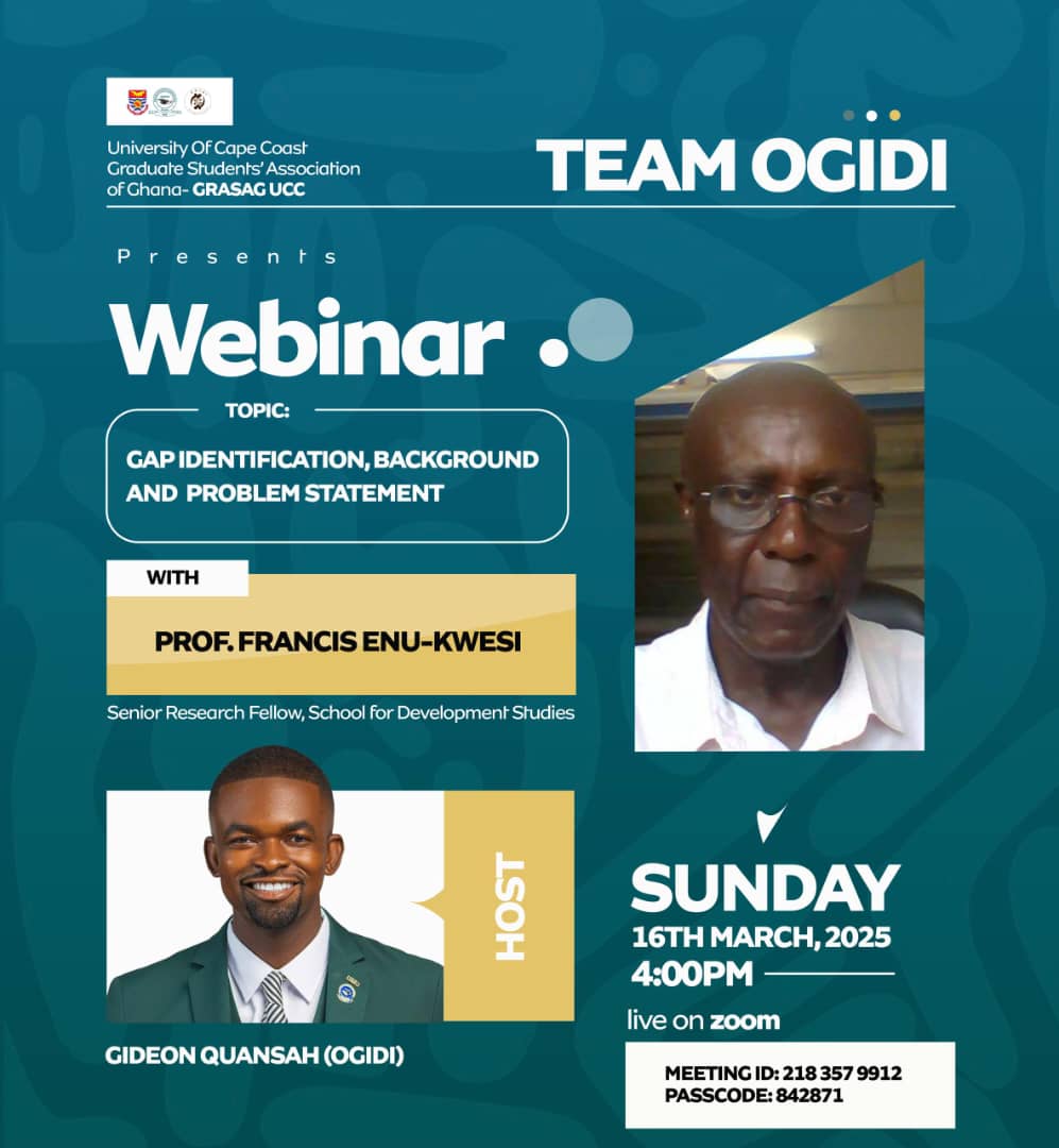 _sir_gideon's tweet image. We are excited to announce that as part of Team Ogidi’s webinar series, we will be hosting a Senior Research Fellow (Prof. Francis Enu-Kwesi) from the School of Development Studies, UCC this weekend via zoom. Join us on sunday, 16th March, 2025, and deepen your research skills.
