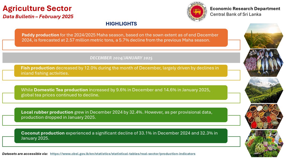 CBSL's tweet photo. Agriculture Data Bulletin for February 2025 is now available on CBSL website.    

Access the below link for more information. https://t.co/0NTMegbsrV

#CBSL #SriLankanEconomy #AgricultureSector #DataBulletin https://t.co/dILHhR3D90