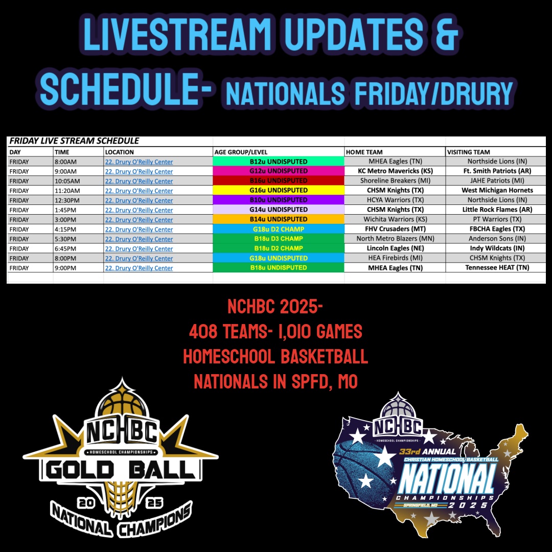 🏀🎉 Nationals Final Day is Upon Us! 🎉🏀 
🔗nchclive.com/nchbclivestrea…

🌟 Nationals Broadcast/Feature Court: 
Schedule &amp; Exciting Updates!
Comments of this post will have updates &amp; direct game links!

FRIDAY- Nationals Livestream Schedule
As we approach the final day of Nationals,