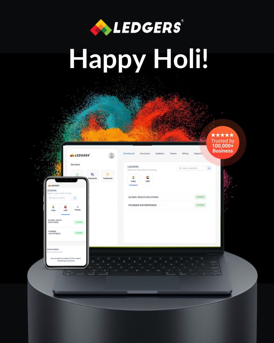 Wishing you a vibrant and colorful Happy Holi from LEDGERS! 🌈✨ May this festival bring joy, prosperity, and new opportunities to your business. Let's celebrate success together! 🎉 #HappyHoli #FestivalOfColors #LEDGERS #BusinessGrowth